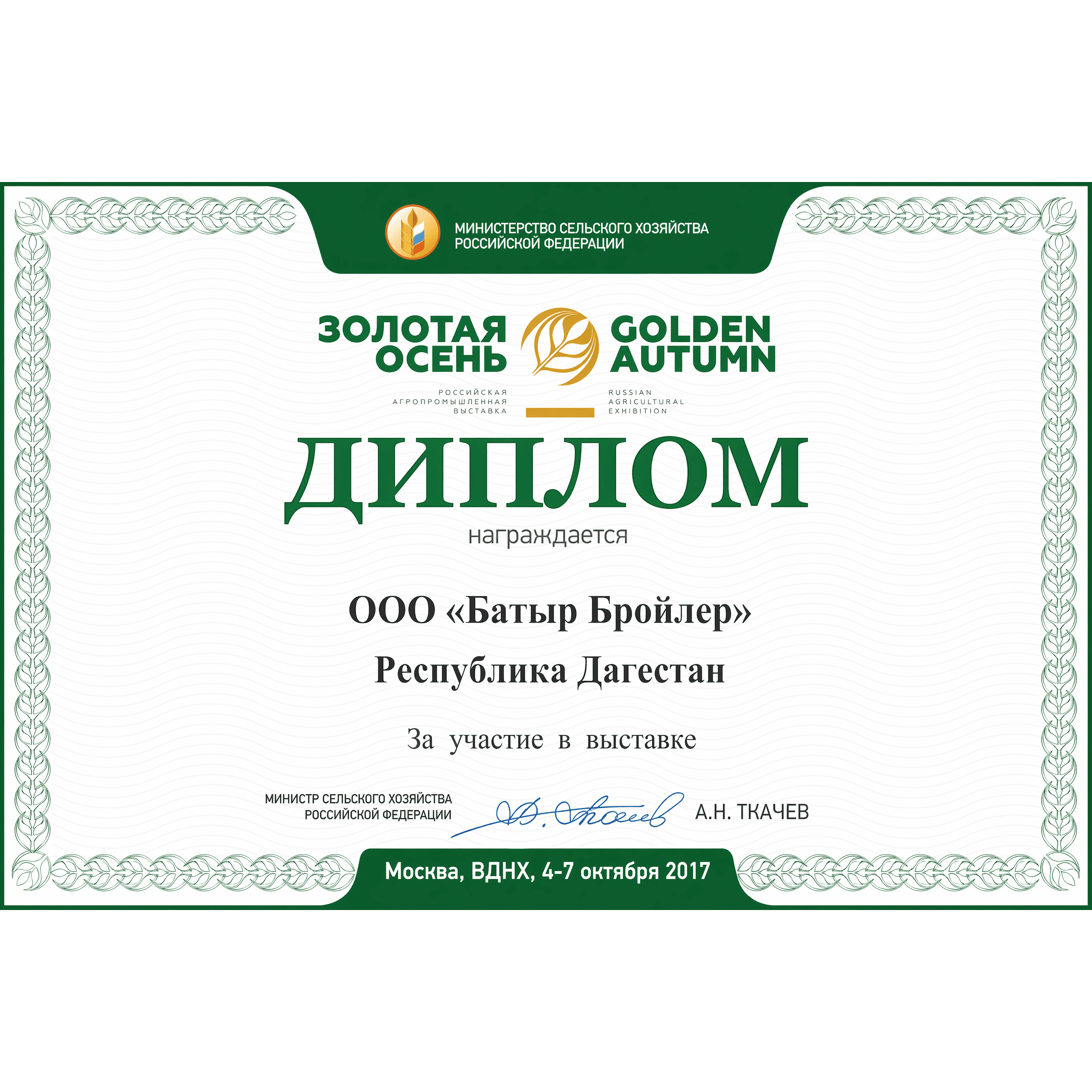 Диплом «Золотая осень 2017»